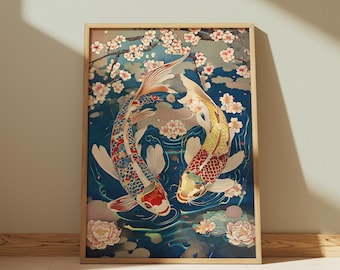 Japanese Koi Fish Print | Ukiyo-e Cherry Blossom Wall Art (Digital Download)