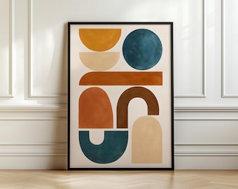 Impresión geométrica moderna de mediados de siglo: Arte abstracto en terracota, verde azulado y beige (descarga digital)