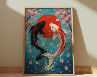 Yin Yang Koi Fish Print: Japanese Cherry Blossom Wall Art (Digital Download)