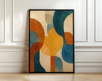Verticale abstracte kunstafdruk: groenblauw, terracotta, boho-stijl (digitale download)