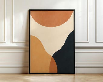 Puede incluir: Impresión artística enmarcada con un diseño abstracto. La obra presenta formas orgánicas en tonos cálidos: naranja quemado, beige y azul marino oscuro. El marco negro se muestra contra una pared blanca.