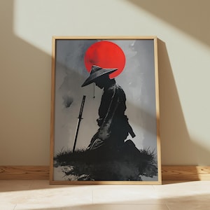 Samurai Wall Art Digital Download – Japanese Warrior Printable Poster, Red Sun Japan Art, Zen Samurai Silhouette Print, Asian Decor,