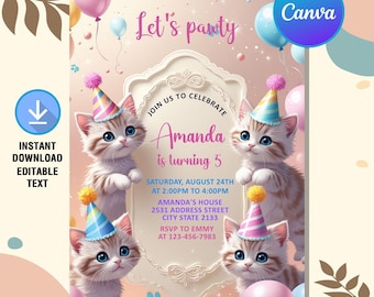 Cat Birthday Invitation,Cat Invitation,Are You Kitten Me Birthday,Paw-ty Birthday,Kitty Cat Invite,Instant Download,Editable Canva