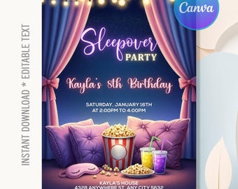Sleepover Birthday Invitation,Sleepover Invitation,Slumber Birthday Party,Glow Sleepover Party,Instant Download,Editable Canva