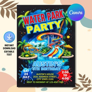 Water Park Birthday Invitation,Water Park Invitation,Water Slide Birthday Invite,Summer Invite,Pool Party,Instant Download,Editable Canva
