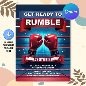 Boxing Birthday Invitation,Boxing Birthday Party,Boxing Invitation,Boxing Gloves Invitation,Instant Download,Editable Text Canva