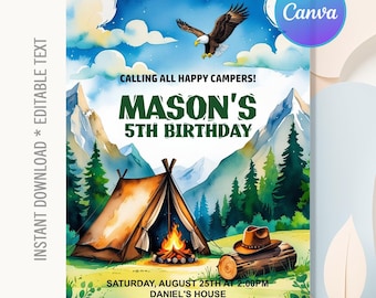 Camping Birthday Invitation,Camper Birthday Party,Adventure Forest Camp Invitation,Camping Invitation,Instant Download,Editable Canva