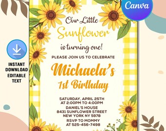 Our Little Sunflower Birthday Invitation,Sunflower Birthday Party,First Birthday Sunflower Invite,Instant Download,Editable Canva