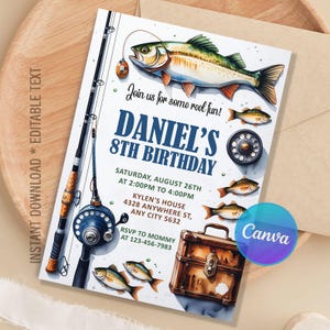 May include: A fishing-themed birthday invitation with a watercolor illustration. The invitation features a large fish, fishing rods, and the text "DANIEL'S 8TH BIRTHDAY." Additional text includes party details and RSVP information.