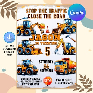 Construction Birthday Invitation,Construction Invitation,Dump Truck Invitation,Excavator Invite,Instant Download,Editable,Canva