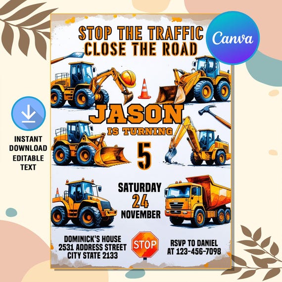 Construction Birthday Invitation,Construction Invitation,Dump Truck Invitation,Excavator Invite,Instant Download,Editable,Canva