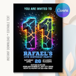 Op de afbeelding: Een zwarte verjaardagsuitnodiging met het nummer 11 in een gebarsten steenontwerp, omlijnd met een regenboogverloop. De uitnodiging bevat de tekst "You are invited to Rafael's 11th Birthday Party!" en evenementdetails.