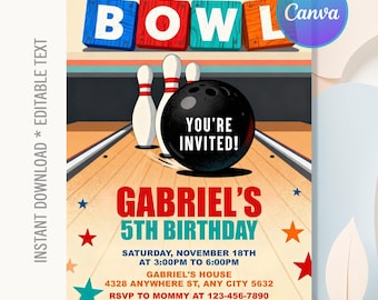 Bowling Bowl Birthday Invitation,Bowling Invitation,Bowling Birthday Party,Bowling Party Invite,Instant Download,Editable Canva