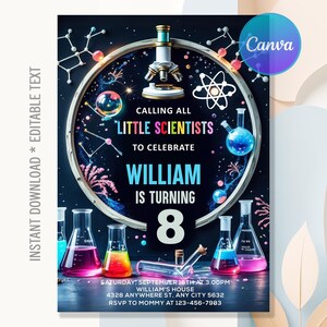 Peut inclure: Une invitation pour le 8e anniversaire de William, sur le thème de la science. Le design comprend un microscope, des béchers avec des liquides colorés et le texte "Calling All Little Scientists". La date et l'heure sont également incluses.
