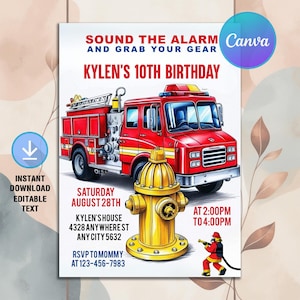 Fire Truck Birthday Invitation,Fire Engine Party Invite,Firefighter Birthday Party,Firetruck Invitation,Instant Download,Editable Canva