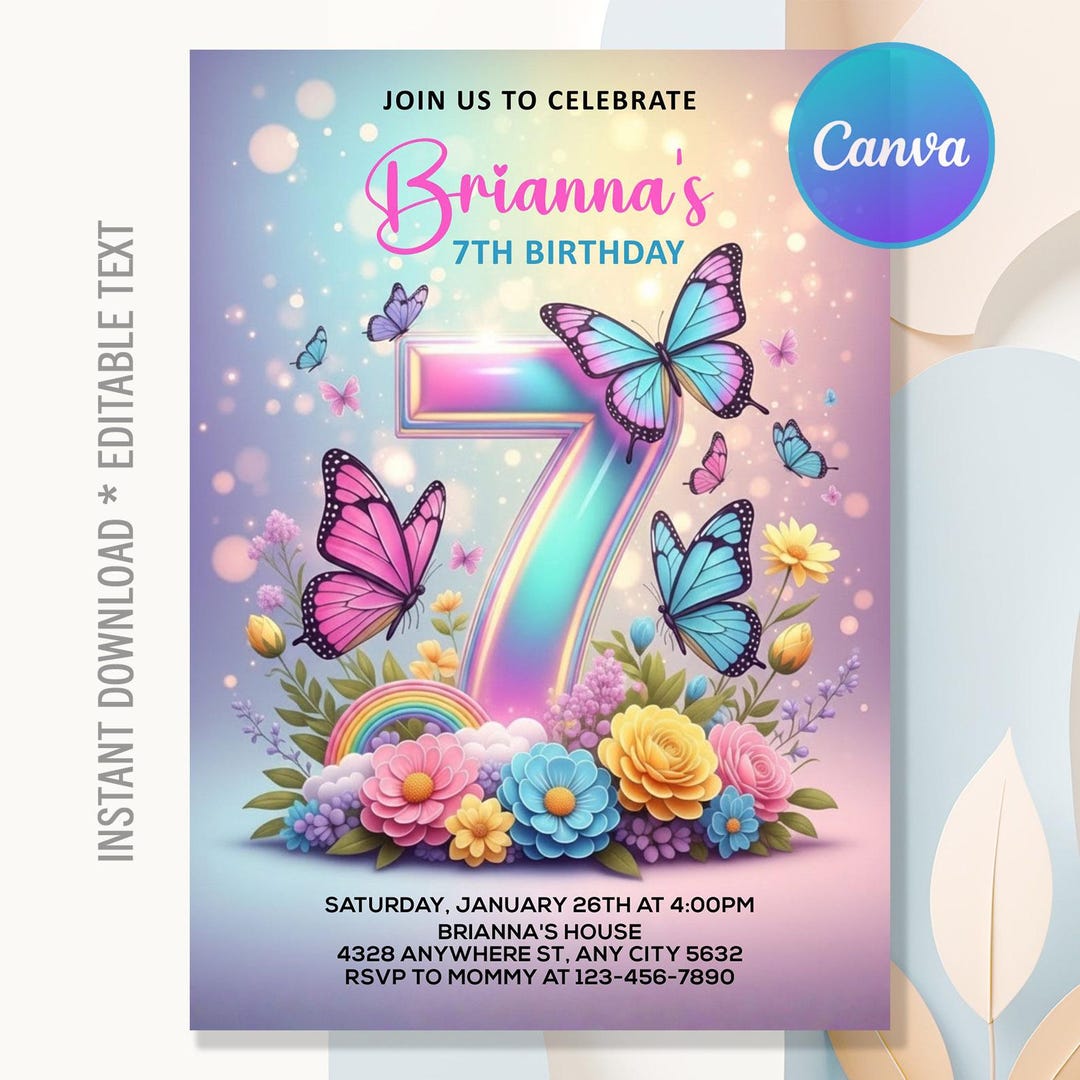 7th Birthday Invitation,rainbow Butterfly With Flowers 7th Birthday ...