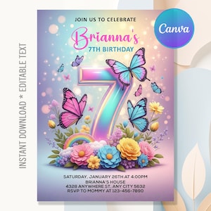 以下が含まれることがあります： 大きな数字の7、蝶、虹が描かれた誕生日招待状。「Briannaの7歳の誕生日をお祝いしましょう」と書かれています。デザインには花とCanvaのロゴが含まれています。