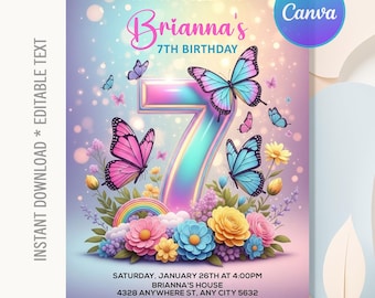 7th Birthday Invitation,Rainbow Butterfly With Flowers 7th Birthday Girl,7th Birthday Party,Instant Download,Editable Canva Template