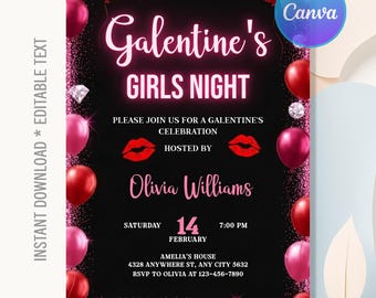 Galentine's Girls Night Invitation,Galentine's Day Invite,Valentine's Day Party Invite,Instant Download,Editable Canva