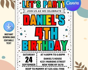 Simple Colorful Birthday Invitation,Colorful Invitation,Bright and Cheerful Party,Lets Party Invitation,Instant Download,Editable Canva