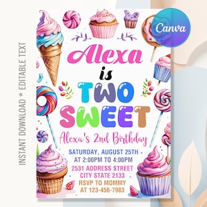 Two Sweet Birthday Invitation,Two Sweet Invitation,2nd Birthday Party,Girl Birthday,Dessert Donut Ice Cream Candy Invite,Editable Canva