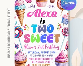 Two Sweet Birthday Invitation,Two Sweet Invitation,2nd Birthday Party,Girl Birthday,Dessert Donut Ice Cream Candy Invite,Editable Canva
