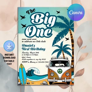 The Big One Surfing Invitation,Van Surfboard Beach 1st Birthday Party,Surfing Birthday Invite,Instant Download,Editable Canva