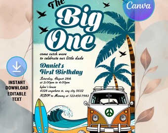 以下が含まれることがあります： 「The Big One」のテキストが入ったビーチをテーマにした誕生日招待状。オレンジ色のヴィンテージバン、ヤシの木、サーフボード、波のデザインが含まれています。招待状はダニエルの1歳の誕生日用で、日付、時間、場所の詳細が記載されています。