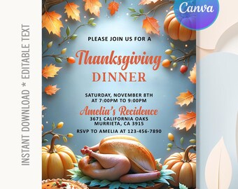 Invitación para la cena de Acción de Gracias, Invitación de Acción de Gracias, Invitación para una cena de Acción de Gracias con temática de calabazas, Invitación para cena, Descarga instantánea, Canva editable