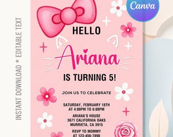 Cute Kitty Birthday Invitation,Kitty Birthday Party,Cute Kitty Pink Birthday Theme,Kitty Party Invitation,Instant Download,Editable Canva