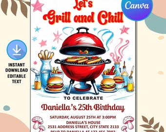 BBQ Birthday Invitation,Barbecue Birthday Invite,Barbecue Grill and Chill Invite,Bbq Birthday Party,Instant Download,Editable Canva