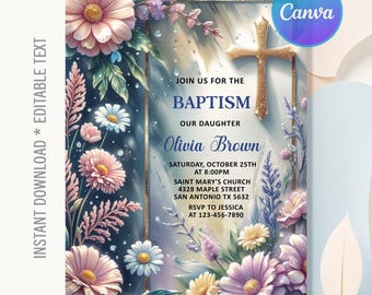 Invitación floral para bautizo, invitación para bautizo, invitación para bautizo de niña con flores silvestres rosas, descarga instantánea, Canva editable