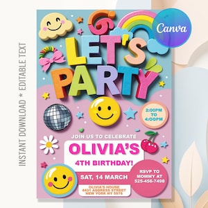 Preppy Patch Letter Birthday Invitation,Groovy Retro Birthday,Smile Face Birthday invite,Emoji Invite,Instant Download,Editable Canva