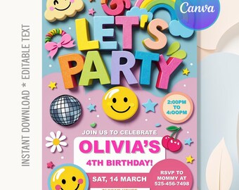 Preppy Patch Letter Birthday Invitation,Groovy Retro Birthday,Smile Face Birthday invite,Emoji Invite,Instant Download,Editable Canva