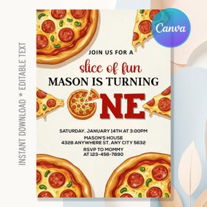 May include: A pizza-themed birthday invitation with the text "Join us for a slice of fun. Mason is turning one." The design includes pizza slices and whole pizzas with pepperoni and green peppers. The invitation also includes the date, time, and location.