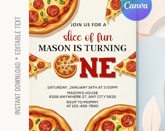 Pizza Party Birthday Invitation,Pizza Invitation,Pizza 1st Birthday,Slice of fun,Pizza One Birthday Party,Instant Download,Editable Canva