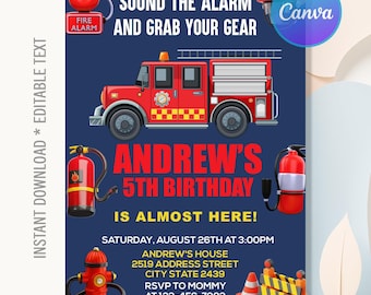 Fire Truck Birthday Invitation,Fire Truck Invitation,Fire fighter Party,Fire TruckBirthday Party,Instant Download,Editable Canva
