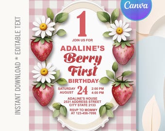Berry First Birthday Invitation,Berry First Invitation,Strawberry Birthday Invitation,Strawberry Any Age,Instant Download,Editable Canva