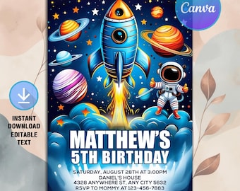Verjaardagsuitnodiging ruimte, astronaut ruimte verjaardag, uitnodiging ruimte Galaxy, uitnodiging ruimte, ruimte uit te nodigen, instant download, bewerkbare canva