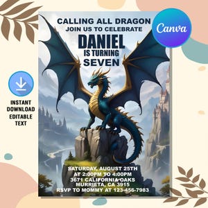 Invitación de cumpleaños de dragón, invitación de dragón, fiesta de cumpleaños de dragón, invitación de dragón azul y dorado, descarga instantánea, Canva editable