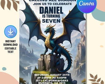 Dragon Birthday Invitation,Dragon Invitation,Dragon Birthday Party,Blue Gold Dragon Invite,Instant Download,Editable Canva