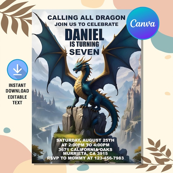 Dragon Birthday Invitation,Dragon Invitation,Dragon Birthday Party,Blue Gold Dragon Invite,Instant Download,Editable Canva