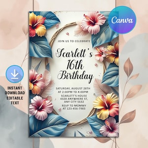 Tropical Birthday Invitation,Tropical Flowers Birthday Party,Hawaiian Invitation,Luau Invite,Aloha Party,Instant Download,Editable Canva