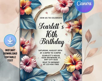 Tropical Birthday Invitation,Tropical Flowers Birthday Party,Hawaiian Invitation,Luau Invite,Aloha Party,Instant Download,Editable Canva