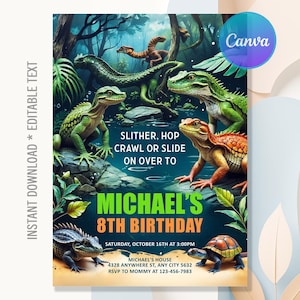 Reptile Birthday Invitation,Reptile Invitation,Reptile Birthday Party,Animal Encounter Party,Instant Download,Editable Canva