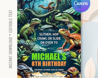 爬虫類の誕生日招待状、爬虫類の招待状、爬虫類の誕生日パーティー、動物とのふれあいパーティー、即時ダウンロード、編集可能なCanva