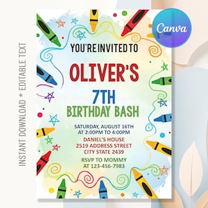 Könnte beinhalten: Eine farbenfrohe Geburtstagseinladung mit dem Text "You're Invited to Oliver's 7th Birthday Bash." Das Design umfasst Buntstifte, Sterne und Wirbel in verschiedenen Farben. Die Einladung enthält auch Datum, Uhrzeit, Ort und RSVP-Informationen.