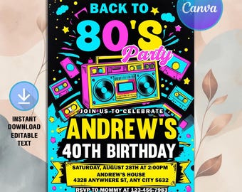 80s Birthday Invitation,80s Invitation,80s Party,Back To The 80s,Vintage Retro 40th Birthday Any Age,Instant Download,Editable Canva