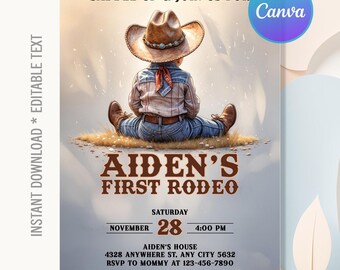 Cowboy Birthday Invitation,First Rodeo Birthday Party,Wild West Birthday Invite,Cowboy Any Age Party,Instant Download,Editable Canva