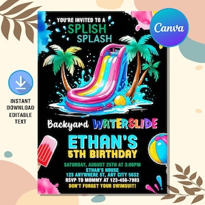 Waterslide Birthday Invitation,Water Slide Invitation,Waterslide Party,Summer Pool Party,Splish Splash Invite,Editable Canva Template